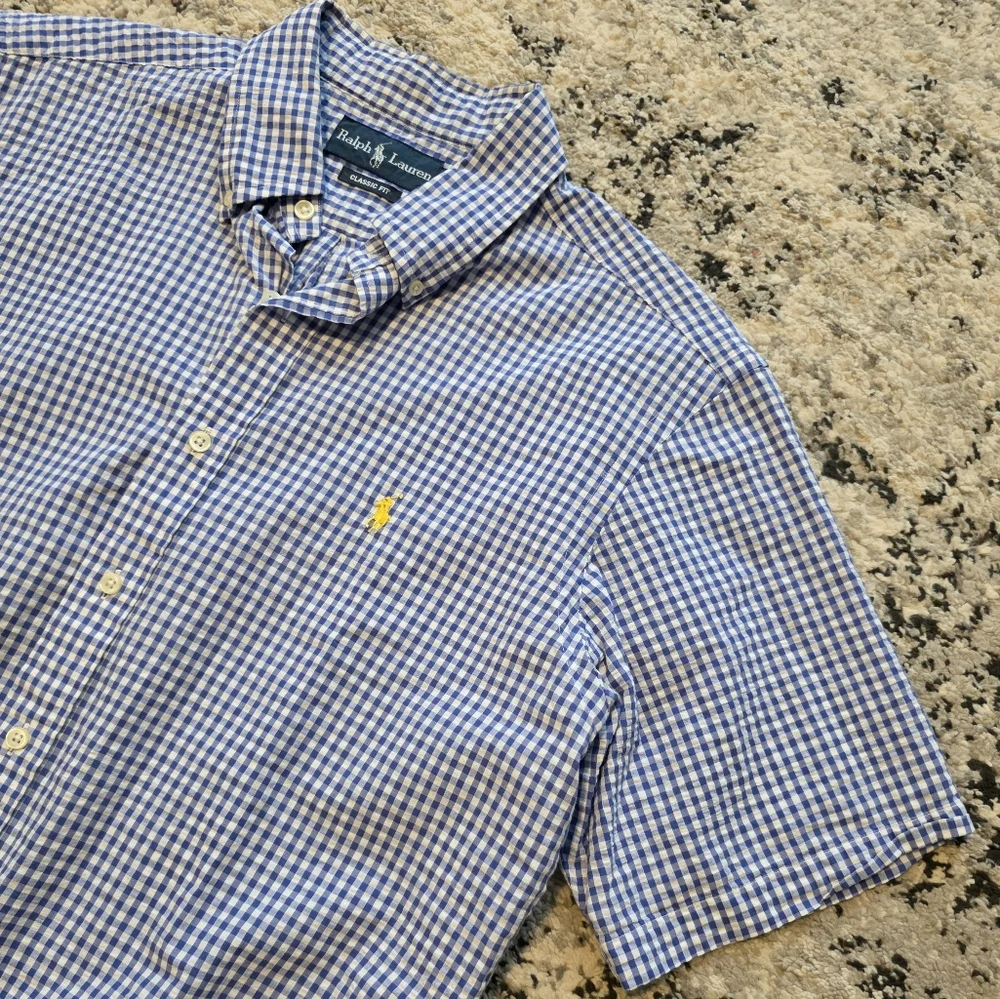 RALPH LAUREN Classic Fit Ginham Plaid Shortsleeve Button Down Mens L Blue White